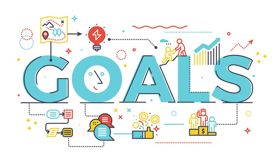 Goal word in business concept,lettering design illustration with line icons and ornaments in blue theme